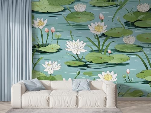 Selbstklebende Tapete Lotus Aquarell Wandbilder, Vlies Fototapete mit Botanisch Blühende Blume Motiv, 3D Effekt Wandtapete Deko, Abziehen & Aufkleben, 400x280 cm - F-508 von Boceoey