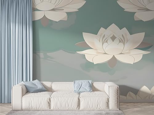Selbstklebende Tapete Lotus Aquarell Wandbilder, Vlies Fototapete mit Botanisch Blühende Blume Motiv, 3D Effekt Wandtapete Deko, Abziehen & Aufkleben, 400x280 cm - F-532 von Boceoey