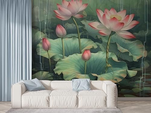 Selbstklebende Tapete Lotus Botanisch Wandbilder, Vlies Fototapete mit Orientalische Blumen Aquarell Motiv, 3D Effekt Wandtapete Deko, Abziehen & Aufkleben, 300x210 cm - F-506 Selbstklebende Tapete Lotus Botanisch Wandbilder, Vlies Fototapete mit Orientalische Blumen Aquarell Motiv, 3D Effekt Wandtapete Deko, Abziehen & Aufkleben, 300x210 cm - F-506 von Boceoey