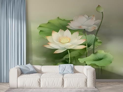 Selbstklebende Tapete Lotus Botanisch Wandbilder, Vlies Fototapete mit Orientalische Blumen Aquarell Motiv, 3D Effekt Wandtapete Deko, Abziehen & Aufkleben, 300x210 cm - F-542 von Boceoey