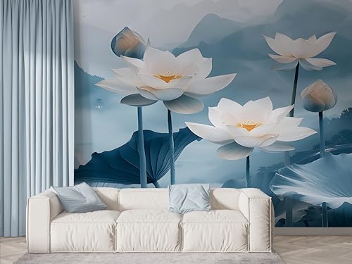 Selbstklebende Tapete Lotus Botanisch Wandbilder, Vlies Fototapete mit Orientalische Blumen Aquarell Motiv, 3D Effekt Wandtapete Deko, Abziehen & Aufkleben, 400x280 cm - F-476 von Boceoey
