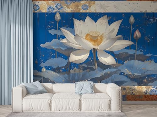 Selbstklebende Tapete Lotus Botanisch Wandbilder, Vlies Fototapete mit Orientalische Blumen Aquarell Motiv, 3D Effekt Wandtapete Deko, Abziehen & Aufkleben, 400x280 cm - F-482 von Boceoey