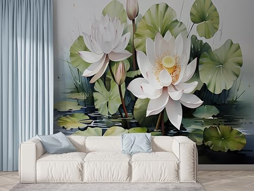 Selbstklebende Tapete Lotus Orientalische Blumen Wandbilder, Vlies Fototapete mit Botanisch Seerose Motiv, 3D Effekt Wandtapete Deko, Abziehen & Aufkleben, 400x280 cm - F-546 von Boceoey