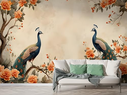 Selbstklebende Tapete Pfau Blumenzweig Wandbilder, Vlies Fototapete mit Ethnisch Blumen Motiv, 3D Effekt Wandtapete Deko, Abziehen & Aufkleben, 250x175 cm - F-282 von Boceoey