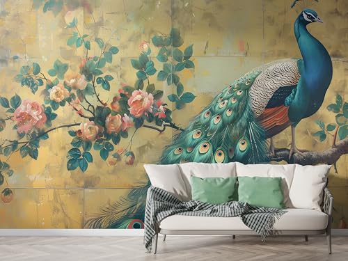 Selbstklebende Tapete Pfau Botanisch Wandbilder, Vlies Fototapete mit Retro Blumenzweig Motiv, 3D Effekt Wandtapete Deko, Abziehen & Aufkleben, 400x280 cm - F-292 Selbstklebende Tapete Pfau Botanisch Wandbilder, Vlies Fototapete mit Retro Blumenzweig Motiv, 3D Effekt Wandtapete Deko, Abziehen & Aufkleben, 400x280 cm - F-292 von Boceoey