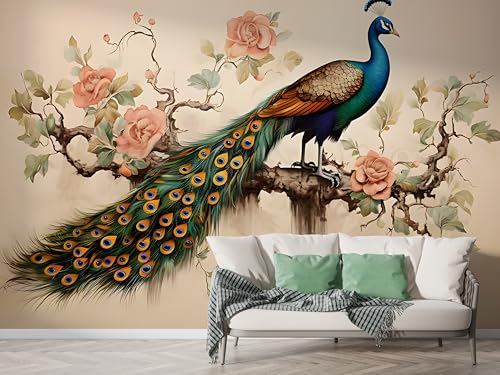 Selbstklebende Tapete Pfau Rose Blütenzweig Wandbilder, Vlies Fototapete mit Tier Chinesischer Stil Motiv, 3D Effekt Wandtapete Deko, Abziehen & Aufkleben, 400x280 cm - F-159 Selbstklebende Tapete Pfau Rose Blütenzweig Wandbilder, Vlies Fototapete mit Tier Chinesischer Stil Motiv, 3D Effekt Wandtapete Deko, Abziehen & Aufkleben, 400x280 cm - F-159 von Boceoey