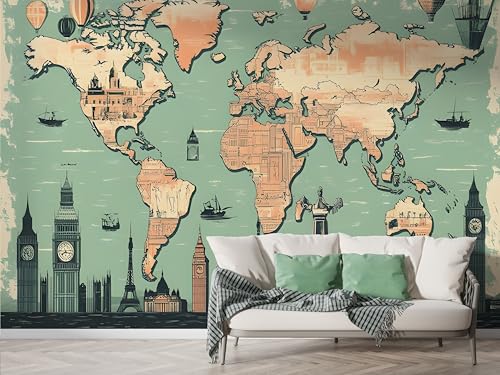 Weltkarte Meer Tapete, Heißluftballon Fototapete, Wahrzeichen Wandpapier, Vliestapete Selbstklebende Wand Deko, Motivtapeten Schlafzimmer Wohnzimmer, 450x315 cm - F-334 Weltkarte Meer Tapete, Heißluftballon Fototapete, Wahrzeichen Wandpapier, Vliestapete Selbstklebende Wand Deko, Motivtapeten Schlafzimmer Wohnzimmer, 450x315 cm - F-334 von Boceoey