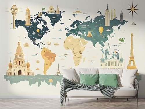 Weltkarte Wahrzeichen Tapete, Architektur Fototapete, Schloss Wandpapier, Vliestapete Selbstklebende Wand Deko, Motivtapeten Schlafzimmer Wohnzimmer, 150x100 cm - F-166 von Boceoey