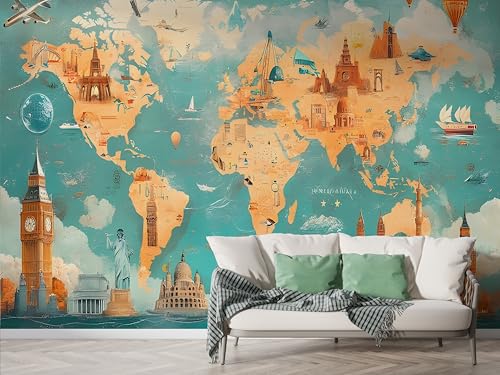 Weltkarte Wahrzeichen Tapete, Architektur Fototapete, Schloss Wandpapier, Vliestapete Selbstklebende Wand Deko, Motivtapeten Schlafzimmer Wohnzimmer, 200x140 cm - F-336 Weltkarte Wahrzeichen Tapete, Architektur Fototapete, Schloss Wandpapier, Vliestapete Selbstklebende Wand Deko, Motivtapeten Schlafzimmer Wohnzimmer, 200x140 cm - F-336 von Boceoey