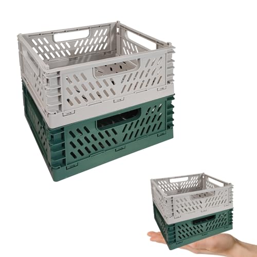 2pcs Mini Klappkiste, Kunststoff Stabile Klappboxen, 15x9.8x7cm Faltbare Aufbewahrungskorb, Stapelbar Klappkisten Set für Lagerung Küche, Schlafzimmer, Arbeitszimmer, Büro, Garten (Grau+Dunkelgrün) von Bocguy