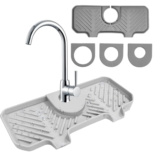 Abtropfmatte Silikon, Silikon Abtropfmatte Spüle, Wasserhahn Spritzfänger Matten mit 3 Karabinern, Wasserhahn Abtropfmatte Wasserfänger zum Schützen von Badezimmer Arbeitsplatte Küche, Grau von Bocguy