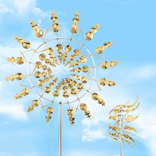 Bocguy Einzigartige Metall Windmühle, 3D Windbetriebene Kinetische Windrad Garten Metall, Windmühle Garten Geeignet für Garten, Terrasse, Landschaft Dekoration (Gold) von Bocguy