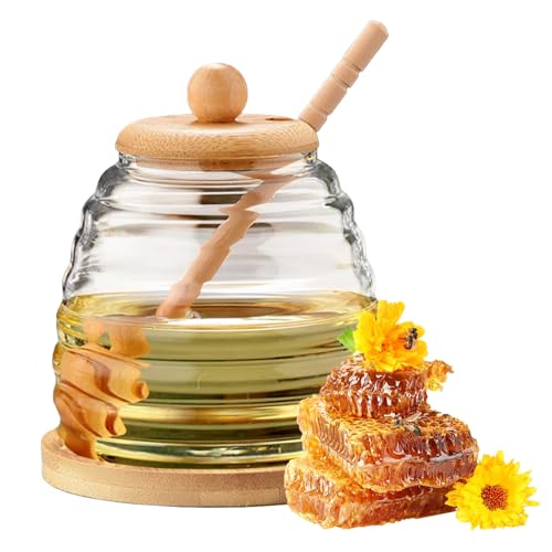 Bocguy Honigglas mit Honiglöffel, 500ml Honigtopf, Honigglas Glas mit Holz Deckel, Honigspender Transparent, Honigspender mit Honig Löffel und Deckel von Bocguy