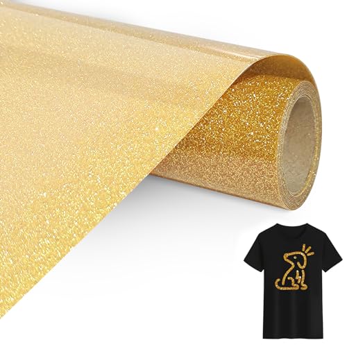 Bocguy Plotterfolie Textil Glitzer Gold, 30.5 CM x 152 CM Heat Transfer Vinyl Flexfolie Glitzer Rollen, Plotterfolie Glitzer für Eisen Heiße Presse, T-Shirts & Mehr Stoffen (Glitzer Gold) von Bocguy