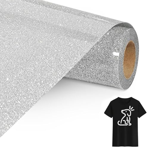 Bocguy Plotterfolie Textil Glitzer Silber, 30.5 CM x 305 CM Heat Transfer Vinyl Flexfolie Glitzer Rollen, Plotterfolie Glitzer für Eisen Heiße Presse, T-Shirts & Mehr Stoffen (Glitzer Silber) von Bocguy