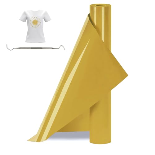 Bocguy Plotterfolie Textil Rollen, 30.5CM x 377CM Heat Transfer Vinyl Flexfolie Rollen mit Plotter Werkzeug, Plotter Vinylfolie für Eisen Heiße Presse, T-Shirts & Mehr Stoffen (Golden) von Bocguy