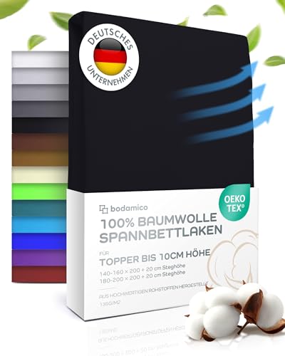 Bodamico Topper Spannbettlaken 160x200cm 100% Baumwolle Jersey für Boxspringbett Topper bis 10cm Höhe -Topper Bezug 160x200-135 g/m2 Oeko-Tex geprüft-Topper Schoner in Schwarz von Bodamico