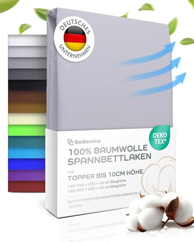 Bodamico Topper Spannbettlaken 160x200cm - 100% Baumwolle Jersey für Boxspringbett Topper bis 10cm Höhe - Topper Bezug 160x200-135 g/m2 Oeko-Tex geprüft-Topper Schoner in Silber von Bodamico