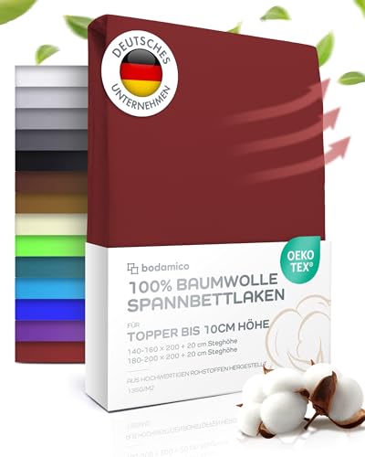 Bodamico Topper Spannbettlaken 180x200 cm - 100% Baumwolle Jersey für Boxspringbett Topper bis 10cm Höhe - Topper Bezug 180x200-135 g/m2 Oeko-Tex geprüft - Topper Schoner in Bordeaux Bodamico Topper Spannbettlaken 180x200 cm - 100% Baumwolle Jersey für Boxspringbett Topper bis 10cm Höhe - Topper Bezug 180x200-135 g/m2 Oeko-Tex geprüft - Topper Schoner in Bordeaux von Bodamico