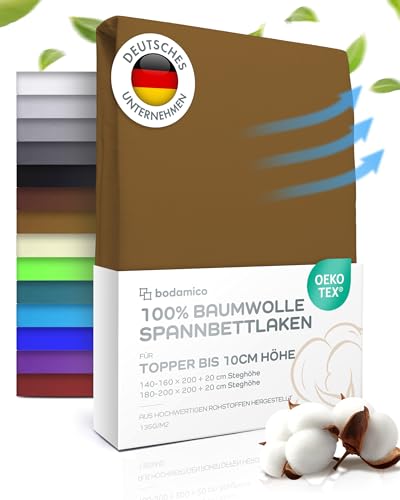 Bodamico Topper Spannbettlaken 180x200 cm - 100% Baumwolle Jersey für Boxspringbett Topper bis 10cm Höhe - Topper Bezug 180x200-135 g/m2 Oeko-Tex geprüft - Topper Schoner in Nougat von Bodamico