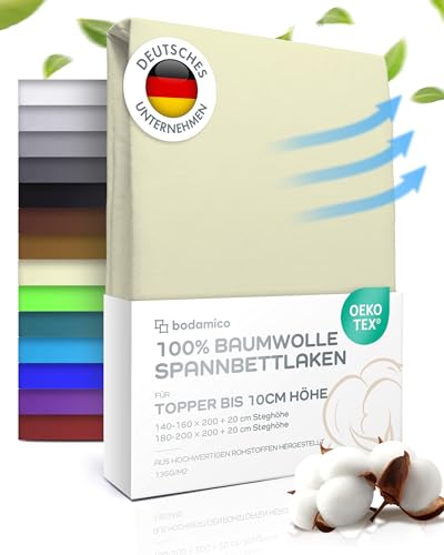Bodamico Topper Spannbettlaken 180x200 cm - 100% Baumwolle Jersey für Boxspringbett Topper bis 10cm Höhe - Topper Bezug 180x200-135g/m2 Oeko-Tex geprüft - Topper Schoner in Natur von Bodamico