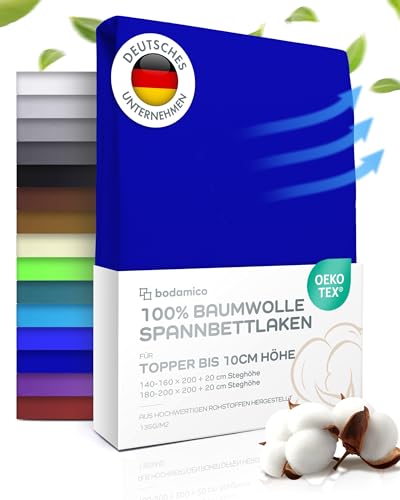 Bodamico Topper Spannbettlaken 180x200 cm - 100% Baumwolle Jersey für Boxspringbett Topper bis 10cm Höhe-Topper Bezug 180x200-135g/m2 Oeko-Tex geprüft - Topper Schoner in Navy von Bodamico