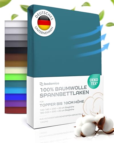 Bodamico Topper Spannbettlaken 180x200cm - 100% Baumwolle Jersey für Boxspringbett Topper bis 10cm Höhe - Topper Bezug 180x200-135g/m2 Oeko-Tex geprüft - Topper Schoner in Petrol von Bodamico