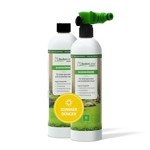 BodenLiebe RASENBLITZ Sommerdünger - sichtbar dichterer Rasen trotz Hitze, 2 L für 100 bis 200 m², ideal bei blassem Grün, flüssig & direkt am Gartenschlauch anwendbar von BodenLiebe