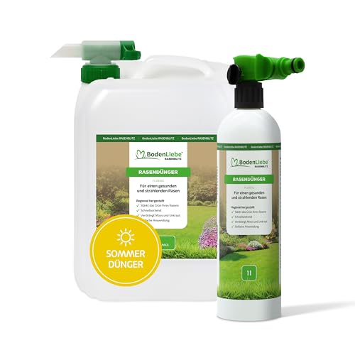 BodenLiebe RASENBLITZ Sommerdünger - starker, satter Rasen trotz Hitze, 5 L für 250 bis 500 m² inkl. Sprühflasche, flüssig & direkt am Gartenschlauch anwendbar von BodenLiebe
