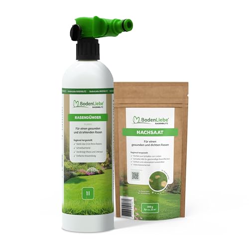 BodenLiebe Rasenretter Set RASENBLITZ - rette deinen Rasen schnell und einfach - 1 L Flüssigdünger mit Sprühflasche und 500g Nachsaat - sattes Grün in 1-2 Wochen - reicht für 50-100 m² von BodenLiebe