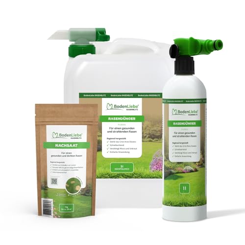BodenLiebe Rasenretter Set RASENBLITZ - rette deinen Rasen schnell und einfach - 5 L Flüssigdünger mit Sprühflasche und 1 kg Nachsaat - sattes Grün in 1-2 Wochen - reicht für 250-500 m² BodenLiebe Rasenretter Set RASENBLITZ - rette deinen Rasen schnell und einfach - 5 L Flüssigdünger mit Sprühflasche und 1 kg Nachsaat - sattes Grün in 1-2 Wochen - reicht für 250-500 m² von BodenLiebe