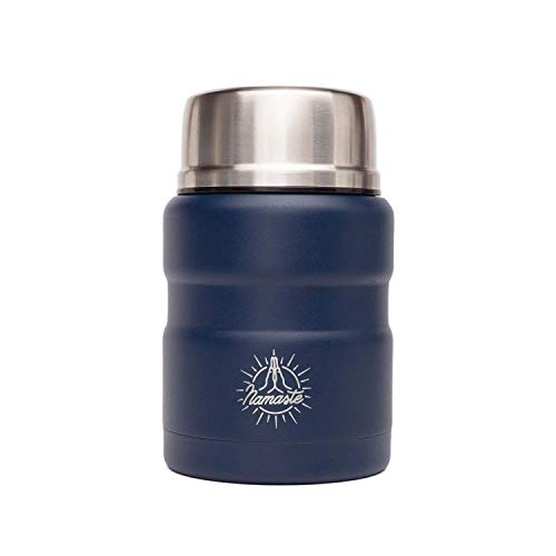 Bodhi Isolierter Food Container aus Edestahl mit Namaste-Motiv | to-go Thermo- Lunchbox für warme Speisen, Suppe, Babynahrung | Doppelwandiger Essensbehälter mit klappbaren Löffel | Größe 500 ml von Bodhi