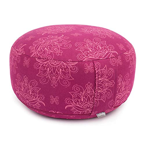 Bodhi Meditationskissen Rondo | Abnehmbarer Bezug aus 100% Baumwolle | Bio-Dinkelfüllung | Höhe 14-20 cm | Praktische Trageschlaufe | Maharaja Collection (Lotus/Berry) von Bodhi