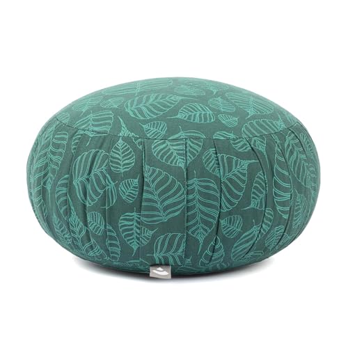 Bodhi Meditationskissen ZAFU | Ø 34 cm | Maharaja Collection | Yogakissen mit Dehnfalten und Tragegriff | Bezug aus 100% Baumwolle | Sitzkissen mit Bio-Dinkelfüllung | Bodhi Leaves/deep Green von Bodhi