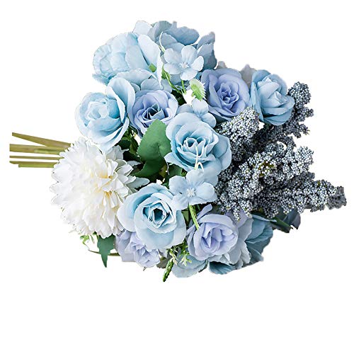 Bodhi2000 Künstliche Rosen Blumenstrauß mit Chrysantheme Seidenblumen Faux Topfpflanze Blume Arrangements Blau von Bodhi2000