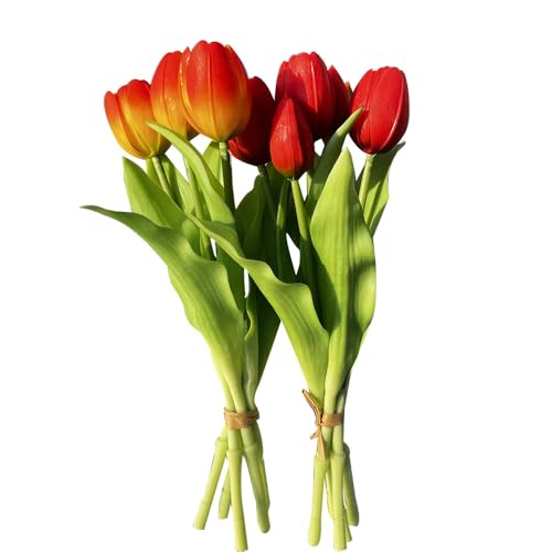 10pcs Multicolor Artificial Tulip Bundle with 6 Tulips and 4 Tulip Buds Real Touch for Wedding Home Party Restaurant (5pcs Orange and 5pcs Red) von Bodosac