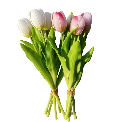 10pcs Multicolor Artificial Tulip Bundle with 6 Tulips and 4 Tulip Buds Real Touch for Wedding Home Party Restaurant (5pcs White and 5pcs Light Pink) von Bodosac