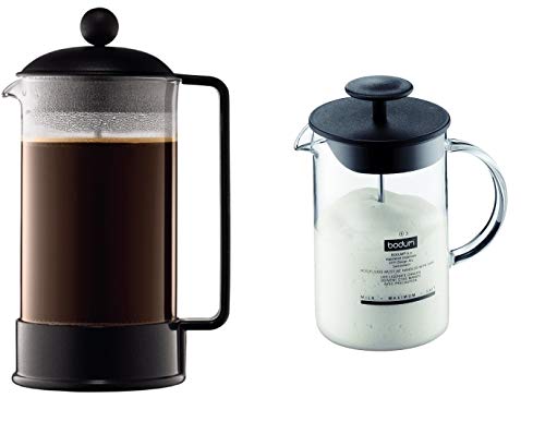 Bodum 1548-01 BRAZIL Kaffeebereiter (French Press System, Permanent Edelstahl-Filter, 1,0 liters) schwarz & 1446-01 Milchschäumer mit Glasgriff Latteo, schwarz von Bodum