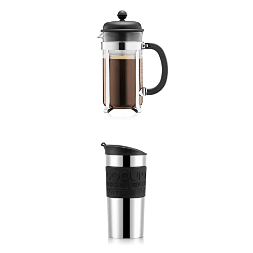 Bodum CAFFETTIERA Kaffeebereiter (French Press System, 1.0 liters), schwarz + Travelmug Thermobecher aus Edelstahl (Doppelwandig, 0.35 liters), schwarz von Bodum