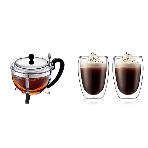 Bodum CHAMBORD Teebereiter (Edelstahlfilter, Edelstahldeckel, 1,0 liters) glänzend & 4559-10 pavina 2-teiliges Gläser-Set (Doppelwandig, Isoliert, Mundgeblasen, 0,35 liters) transparent von Bodum