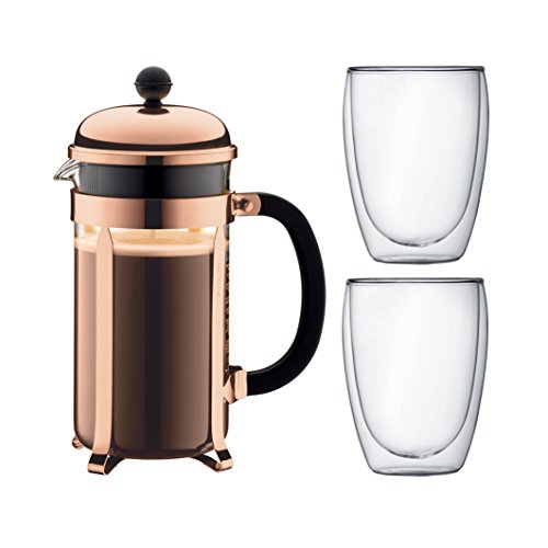 Bodum K1928-18-1 Chambord Set Kaffebereiter 8 Tassen mit 2 Gläser 35 cl Doppelwand Pavina, Chrom, 1 Liter, Pink, 14.9 x 26.8 x 32.5 cm von Bodum