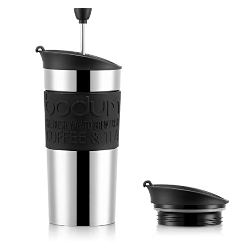 BODUM Travel French Press Kaffeemaschinen-Set, Edelstahl mit zusätzlichem Deckel, Vakuum, 350 ml/12 oz, schwarz von Bodum