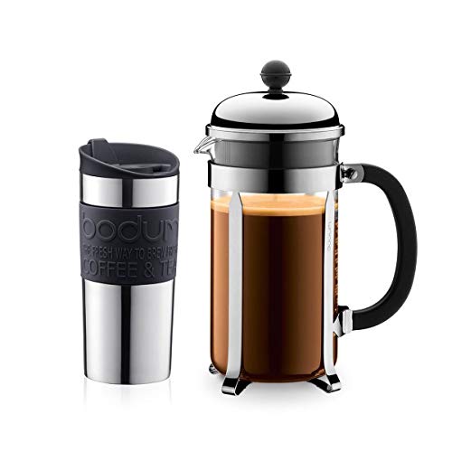 Bodum K11068-01 Set aus Chambord Kaffeebereiter 8 Tassen und Travel Mug Becher, 0,35 l, Edelstahl mit Silikonring, Schwarz von Bodum