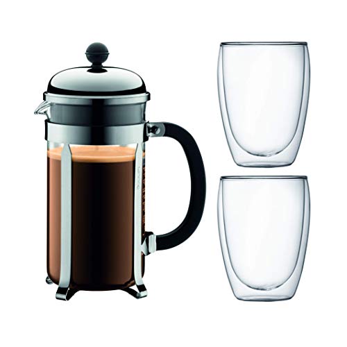 Bodum CHAMBORD Set Kaffeebereiter, 8 Tassen, 1.0 l und 2 doppelwandigen Gläser, 0.35 l, Polycarbonat, Edelstahl von Bodum