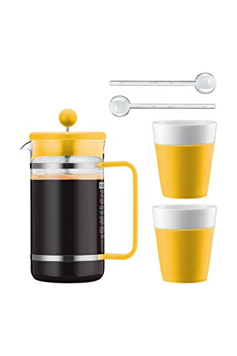 Bodum Kaffeeset Bistro - 6-teilig - 1,0l Kaffeebereiter mit 2 0,3l Porzellantassen und 2 Löffel - Farbe gelb - AK1508-XY-Y15-7 von Bodum