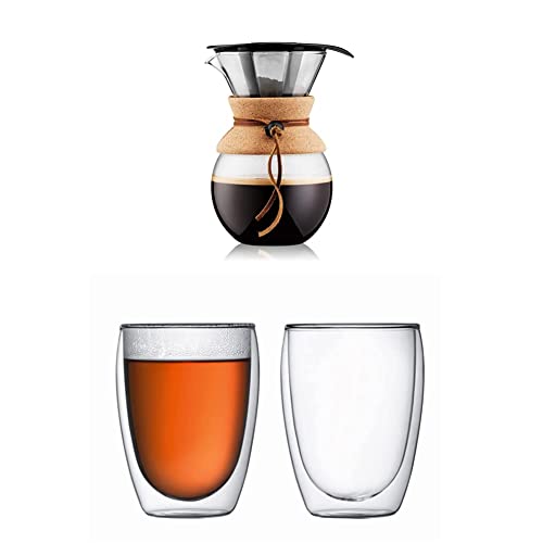 Bodum Pour Over Kaffeebereiter mit Permanentfilter 1 L, transparent + Pavina 2-teiliges Gläser-Set (Doppelwandig, 0.35 liters), transparent von Bodum