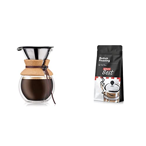 Bodum Pour Over Kaffeebereiter mit permanentfilter, Glas, Beige, 16.2 x 14.9 x 22.2 cm + COFFEE Best 1 Pachamama+Santos, 250gr von Bodum