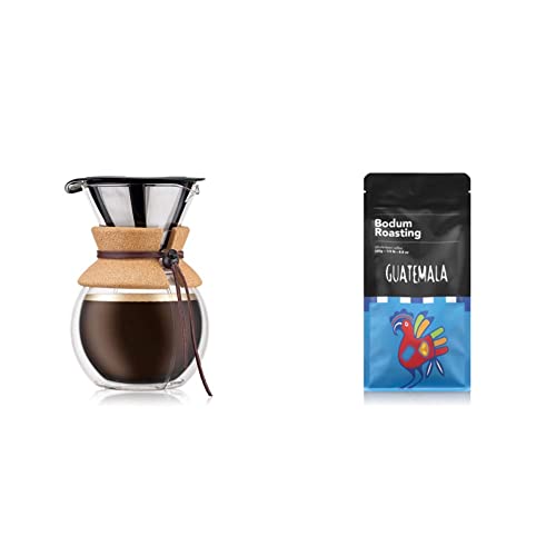 Bodum Pour Over Kaffeebereiter mit permanentfilter, Glas, Beige, 16.2 x 14.9 x 22.2 cm + Kaffee - Guatemala, 250 gr von Bodum