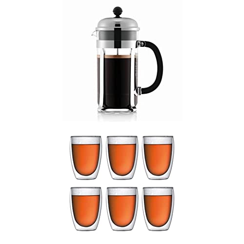 Bodum chambord Kaffeebereiter, 1.0l, glänzend, Pavina 6-teiliges Gläser-Set (Doppelwandig, 0.35 liters), transparent von Bodum