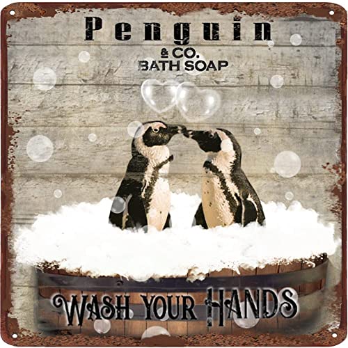 Metallposter Pinguin Badeseife Metall-Blechschild Waschen Sie Ihre Hände. BarTavernPubClub Man Cave Wanddekoration 30,5 x 30,5 cm von Bodyard